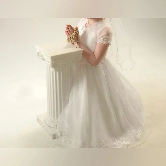 J.J.Anjorden Girls Dress White Embroidered w/Beads With Cap Sleeve Cover Size 8X - Picture 5 of 15